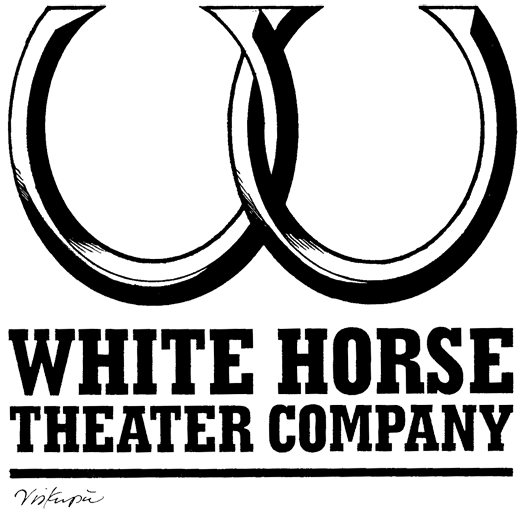 White Horse Theater Company Logo -- intertwined horseshoes in white with black shadowing and name of theater company below in black font